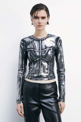Maglia cropped a maniche lunghe metallizzata, Nero, Patrizia Pepe