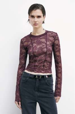 Long-sleeve top in stretch lace, Purple, Patrizia Pepe
