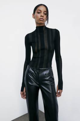 Maglia girocollo con costine e trasparenze, Nero, Patrizia Pepe