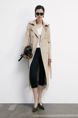Trench con fibbia in nylon bielastico, Beige, Patrizia Pepe