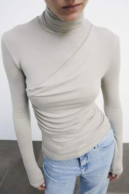High-neck top with draping, Beige, Patrizia Pepe