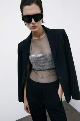 Sheer tank top with rhinestones, Black, Patrizia Pepe