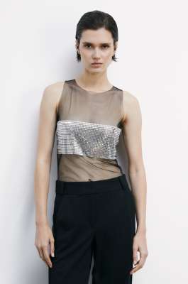 Sheer tank top with rhinestones, Black, Patrizia Pepe