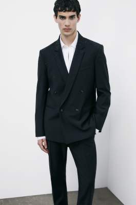 Double-breasted jacket in cool wool with rhinestones, Black, Patrizia Pepe