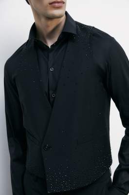 Asymmetrical vest in cool wool with rhinestones, Black, Patrizia Pepe