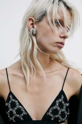 Medium Metal Circle earcuff with rhinestones, Silver, Patrizia Pepe