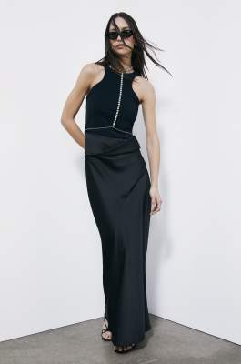 Fluid long satin dress, Black, Patrizia Pepe