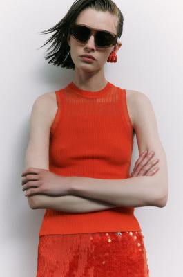 Sheer knit tank top, Orange, Patrizia Pepe