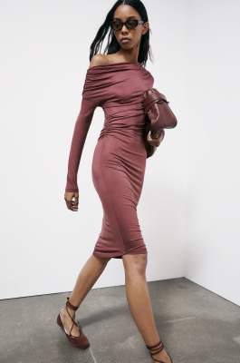 Asymmetrical midi dress with draping, Brown, Patrizia Pepe