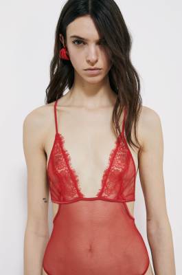 Tulle and lace bodysuit, Red, Patrizia Pepe
