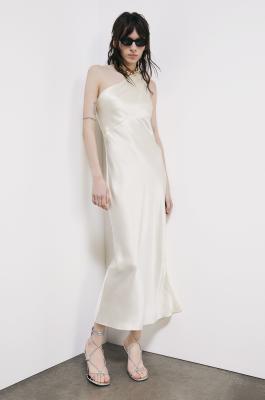 One-shoulder silk satin dress, White, Patrizia Pepe