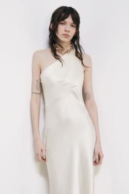 One-shoulder silk satin dress, White, Patrizia Pepe