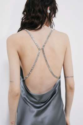 Silk evening dress with jewel detail, Grey, Patrizia Pepe