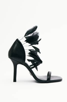 Essential Fly heeled sandals with feather detail in nappa leather, Black, Patrizia Pepe