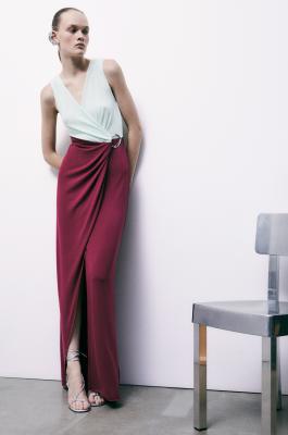 Long color-block ceremony dress, Mint/Burgundy, Patrizia Pepe