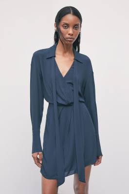 Tie-neck mini dress in viscose cr&ecirc;pe, Blue, Patrizia Pepe