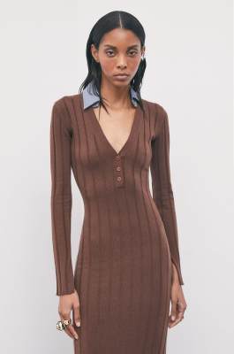 Midi knit dress with contrast collar, Brown, Patrizia Pepe
