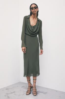 Robe midi col drap&eacute; en georgette, Vert, Patrizia Pepe