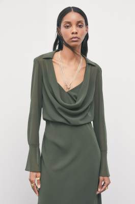 Robe midi col drap&eacute; en georgette, Vert, Patrizia Pepe