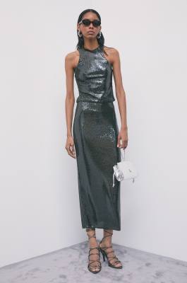 Jupe longue en tulle &agrave; paillettes, Vert, Patrizia Pepe
