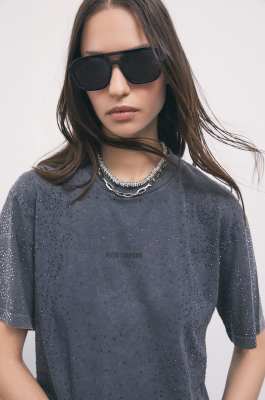 Cotton T-shirt with rhinestones, Grey, Patrizia Pepe