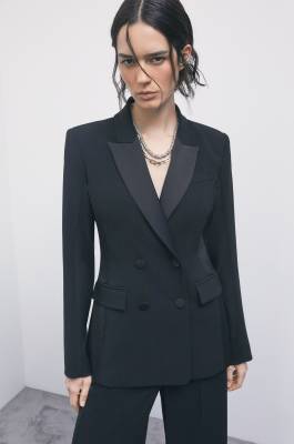 Color-block double-breasted cr&ecirc;pe blazer, Black, Patrizia Pepe