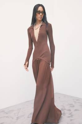 Long knit dress with fluid skirt, Brown, Patrizia Pepe