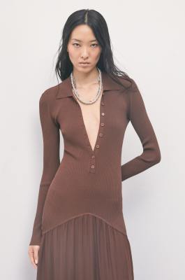 Long knit dress with fluid skirt, Brown, Patrizia Pepe