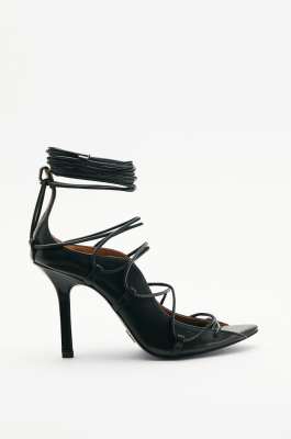 Leather woven sandals with heel, Black, Patrizia Pepe