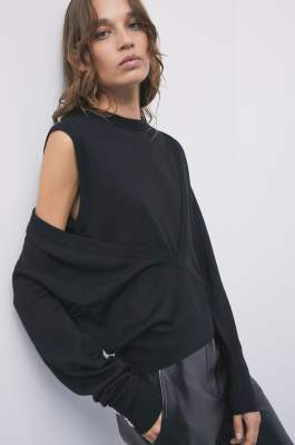 Wool jumper with deep layered V-neck, Black, Patrizia Pepe