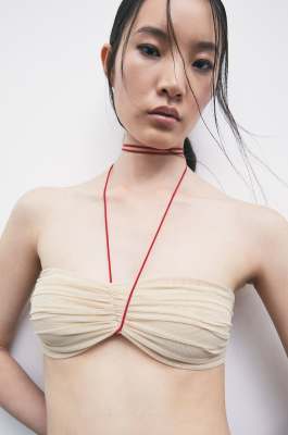 &ldquo;My SKIN Tailoring&rdquo; draped tulle bandeau top, Beige, Patrizia Pepe