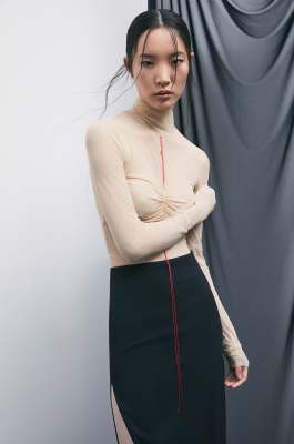 &ldquo;My SKIN Tailoring&rdquo; high-neck tulle top, Beige, Patrizia Pepe