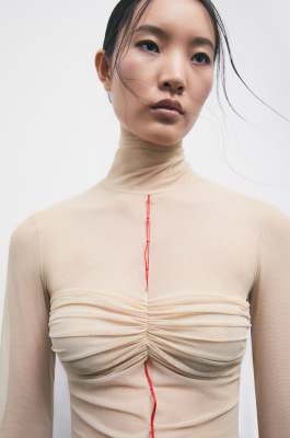 &ldquo;My SKIN Tailoring&rdquo; high-neck tulle top, Beige, Patrizia Pepe