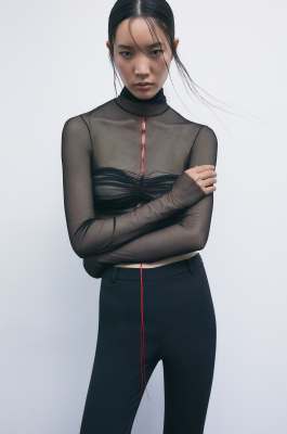 &ldquo;My SKIN Tailoring&rdquo; high-neck tulle top, Black, Patrizia Pepe