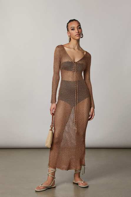 Mesh-look long dress, Brown, Patrizia Pepe