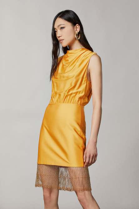 Shiny satin fringed dress, Yellow, Patrizia Pepe