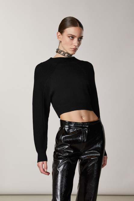 Cropped-Pullover mit Trichterkragen, Schwarz, Patrizia Pepe