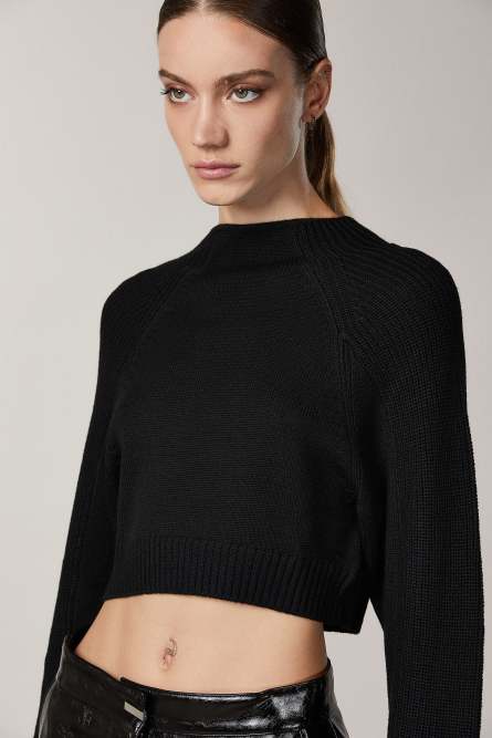 Cropped-Pullover mit Trichterkragen, Schwarz, Patrizia Pepe