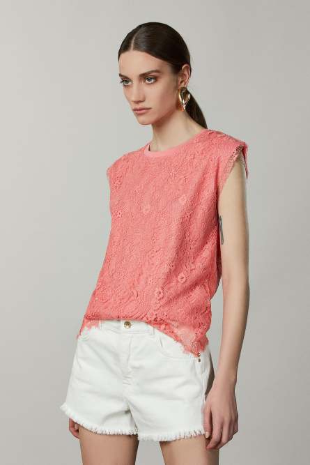T-shirt avec empi&egrave;cements en dentelle, Rose, Patrizia Pepe