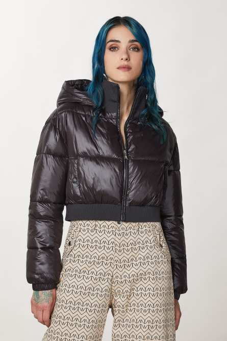 Cropped Daunenjacke mit Kapuze, Schwarz, Patrizia Pepe