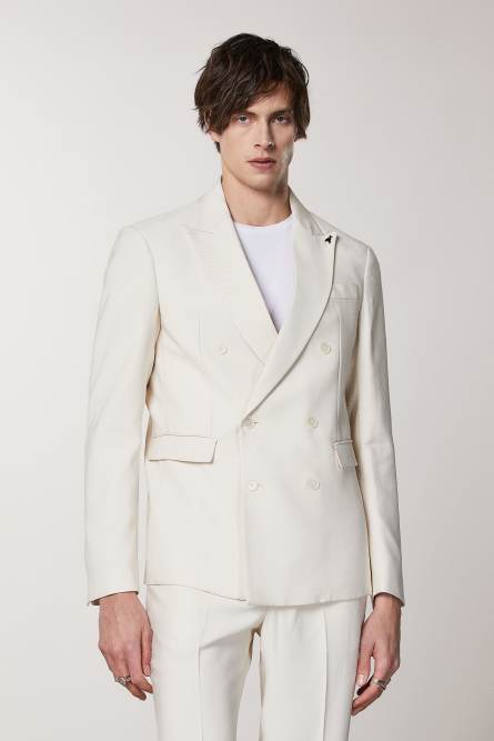 Regular double-breasted jacket in viscose twill, Beige, Patrizia Pepe