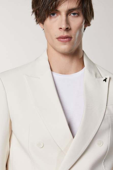 Regular double-breasted jacket in viscose twill, Beige, Patrizia Pepe