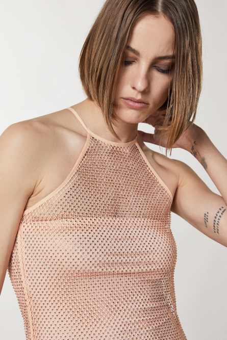 Robe sans manches en maille avec strass, Beige, Patrizia Pepe