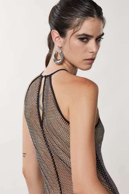 Sleeveless rhinestone mesh dress, Black, Patrizia Pepe