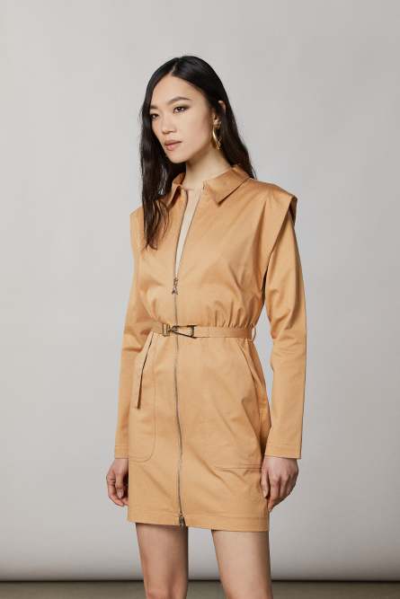 Zip-up and belted mini dress, Beige, Patrizia Pepe