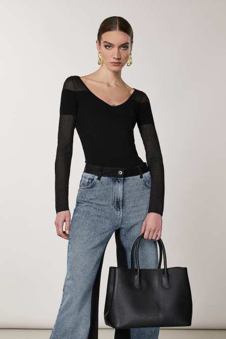 Fly leather shopping bag with shoulder strap, Black, Patrizia Pepe