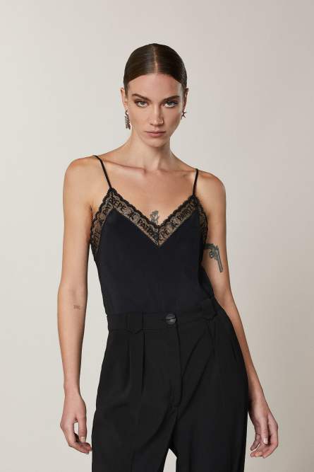 Shirt mit Spitze, Schwarz, Patrizia Pepe