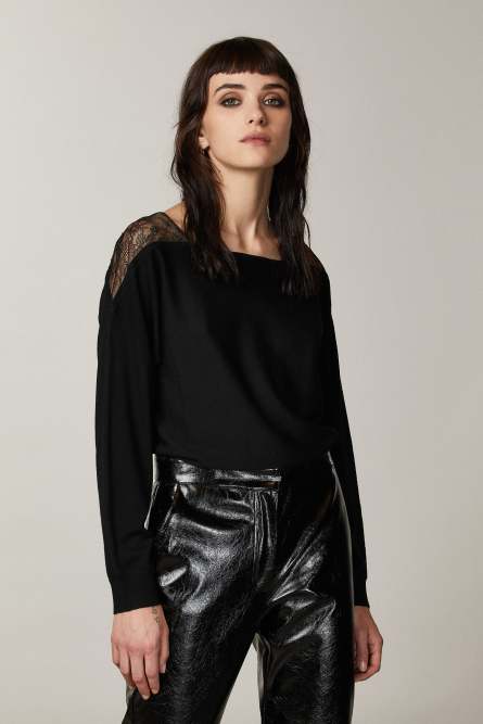 Pullover mit Spitzeneinsätzen, Schwarz, Patrizia Pepe