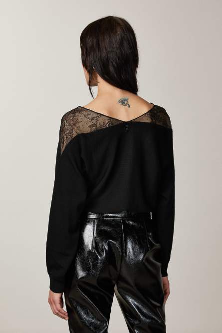 Pullover mit Spitzeneinsätzen, Schwarz, Patrizia Pepe