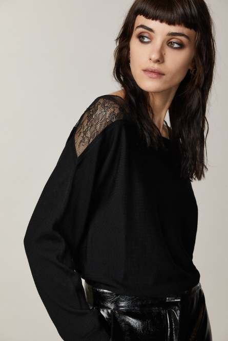 Pullover mit Spitzeneinsätzen, Schwarz, Patrizia Pepe